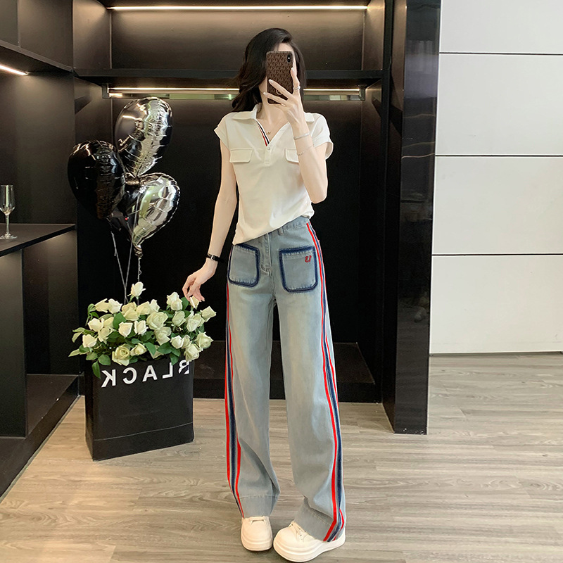 时尚休闲运动套装女夏新款无袖翻领短袖T恤上衣牛仔阔腿裤两件套