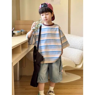 男童短袖T恤2026新款中大童夏季薄款男孩夏装半袖儿童上衣条纹潮t