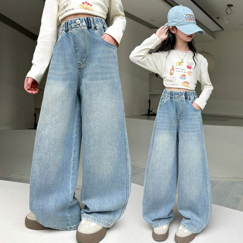 女童牛仔裤春装2026新款洋气中大童宽松儿童阔腿裤春季直筒长裤
