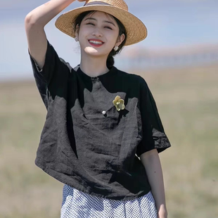 今年流行复古小立领 亚麻衬衫女短袖小衫圆领套头宽松T恤