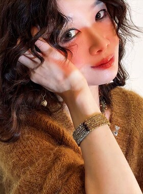 《金银红石榴派》钛钢18k金色白金色链条织进南美蜡绳宽手链