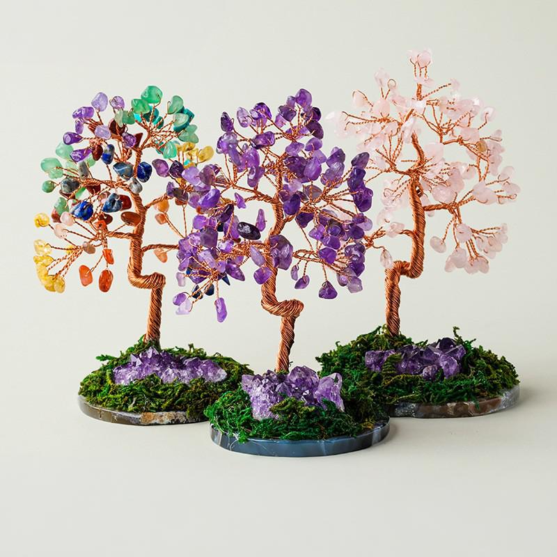 东海天然水晶树七彩水晶碎石玛瑙片底座紫晶块生命树瑜伽装饰摆件