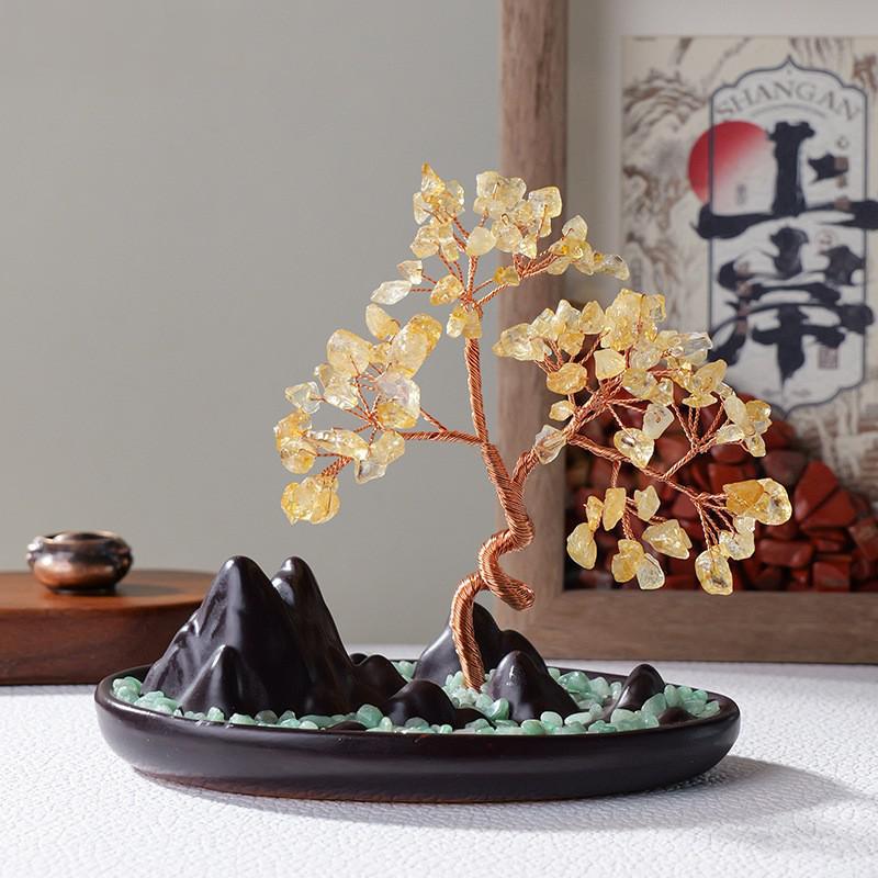 天然水晶碎石黄水晶发财树创意陶瓷底座万里江山水晶树办公室摆件