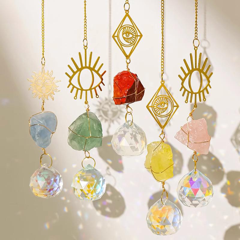 东海太阳捕手棱镜装饰吊坠 紫粉黄水晶原石风铃挂件花园窗户灯饰