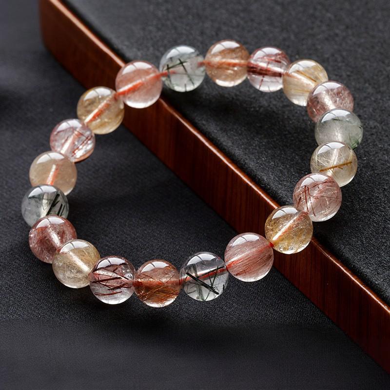 东海天然水晶彩发晶圆珠手链彩兔毛多宝水晶圆珠散珠手串饰品厂家