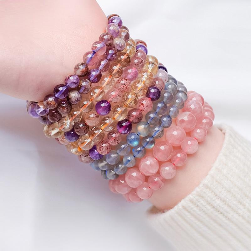 东海县天然水晶紫水晶粉晶超七单圈圆珠手链珠串配饰diy饰品礼物