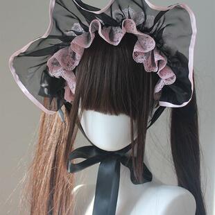 蔷薇庭院手作lolita小物黑粉欧根纱波奈特发带软妹少女bnt洛丽塔
