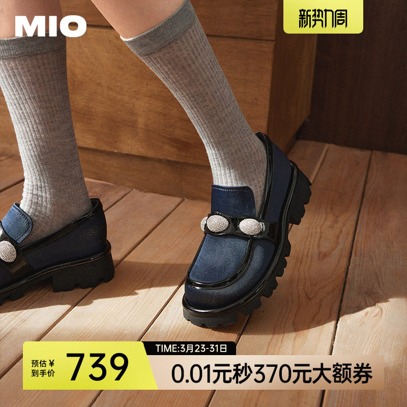 MIO米奥乐福鞋女英伦学院风新款厚底单鞋复古圆头水钻千金小皮鞋
