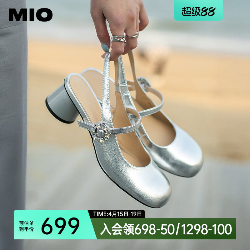 MIO米奥夏季款甜美凉鞋搭扣设计圆头半凉中跟百搭玛丽珍女鞋
