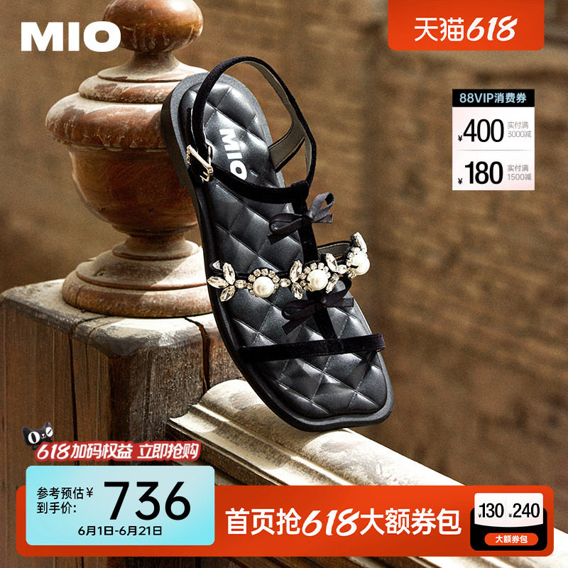 MIO米奥女鞋法式蝴蝶结夏季T字带罗马鞋珍珠平底方头时尚凉鞋