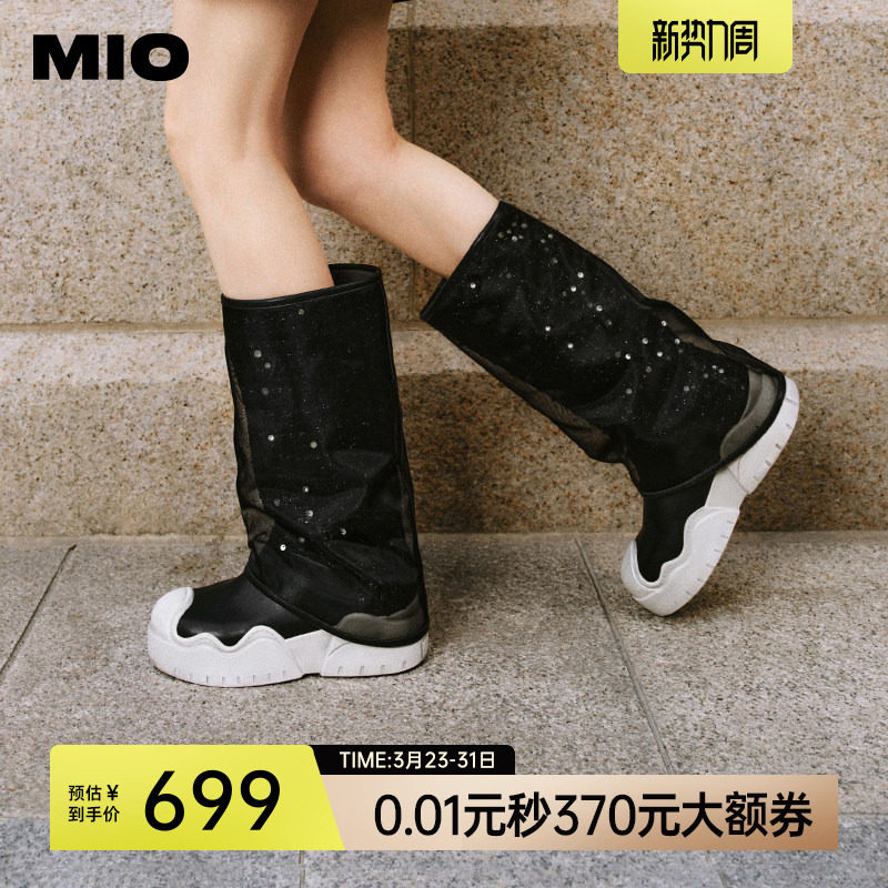 MIO米奥裤管靴冬季机车套筒靴撞色圆头网纱烟筒靴厚底显瘦中筒女