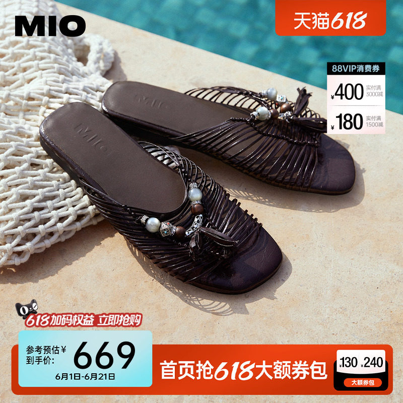 MIO米奥波西米亚凉拖女鞋2026夏季新款流苏串珠平底民族风一字拖