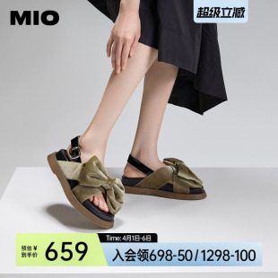 女露趾丝绒蝴蝶结搭扣休闲外穿凉拖鞋 MIO米奥厚底凉鞋 吴谨言同款