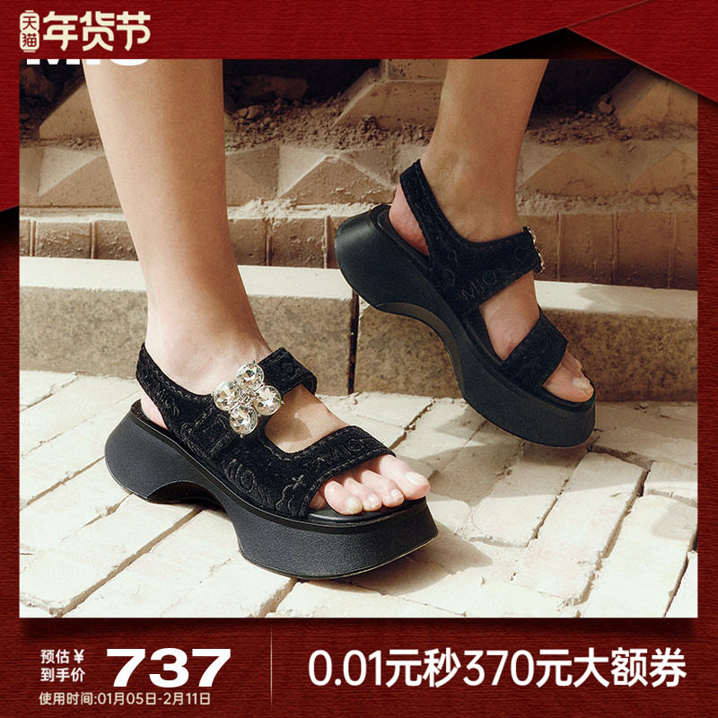 MIO米奥厚底凉鞋女2025夏季新款水钻休闲魔术贴增高时尚沙发凉拖,女鞋,休闲凉鞋,淘宝优惠券,粉丝福利购,淘宝优惠卷