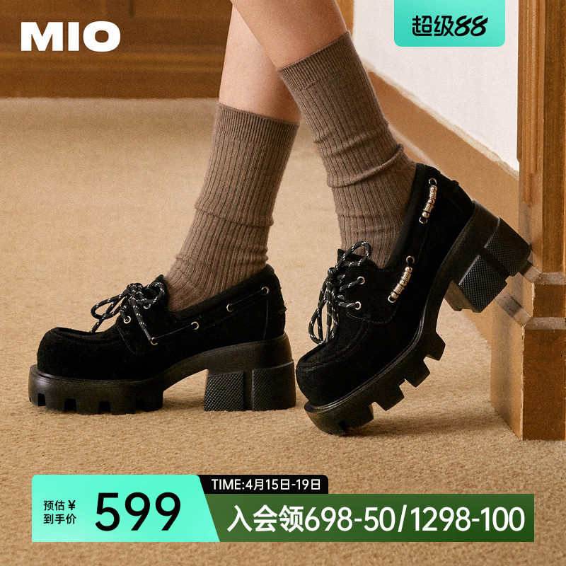 李沁同款 MIO米奥复古大头绒面乐福鞋女春款厚底增高6.5cm单