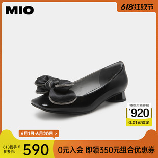 单鞋 女纯色瓢鞋 烫钻蝴蝶结复古时装 MIO米奥方头粗跟日系浅口单鞋