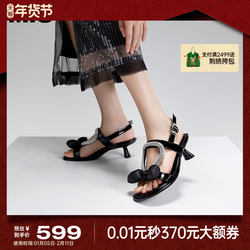 MIO米奥夏季异形跟时装凉鞋小闪钻泡泡蝴蝶结优雅气质高跟凉鞋女