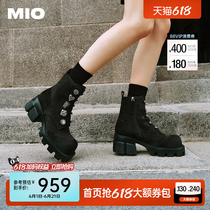 MIO米奥小众设计马丁靴圆头厚底机车靴酷感增高靴子系带靴