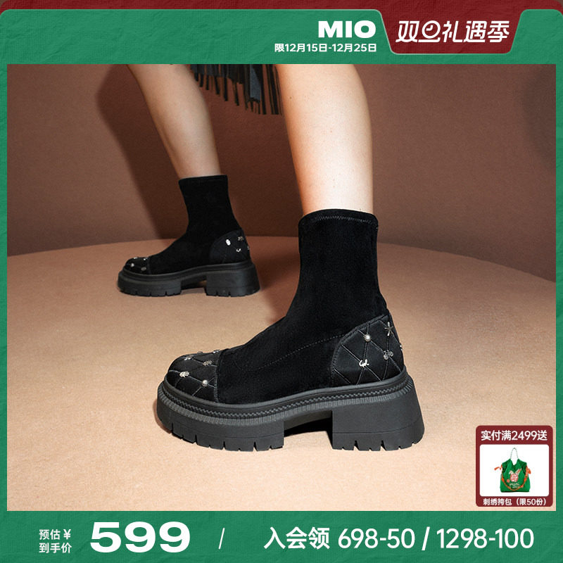 MIO米奥冬季弹力靴圆头高跟个性钉饰显高短靴厚底时尚袜靴女靴