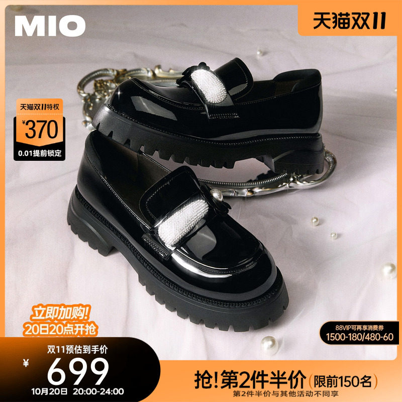 MIO米奥乐福鞋钻饰花朵春季圆头粗跟学院厚底黑色亮面小皮鞋女