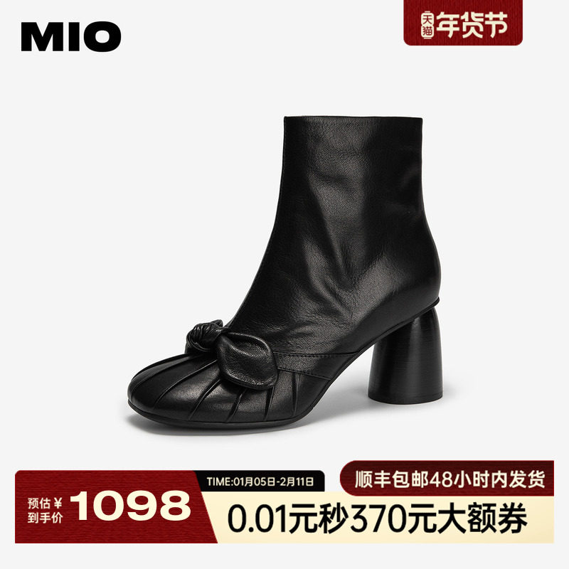 MIO米奥2025冬季新款时装靴圆头高跟短筒靴粗跟黑色增高真皮靴
