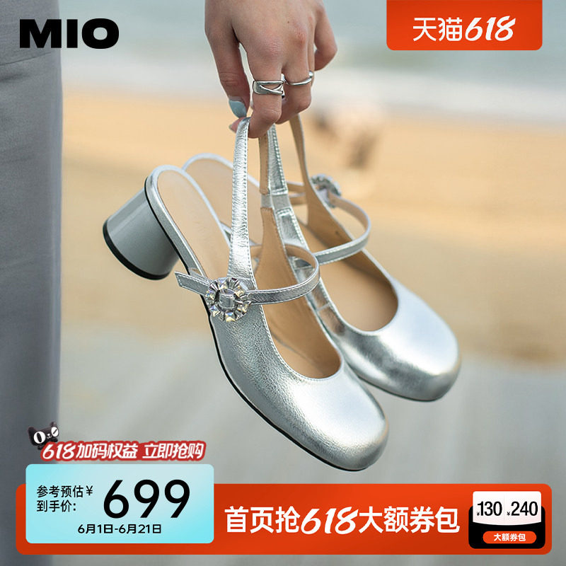 MIO米奥夏季款甜美凉鞋搭扣设计圆头半凉中跟百搭玛丽珍女鞋