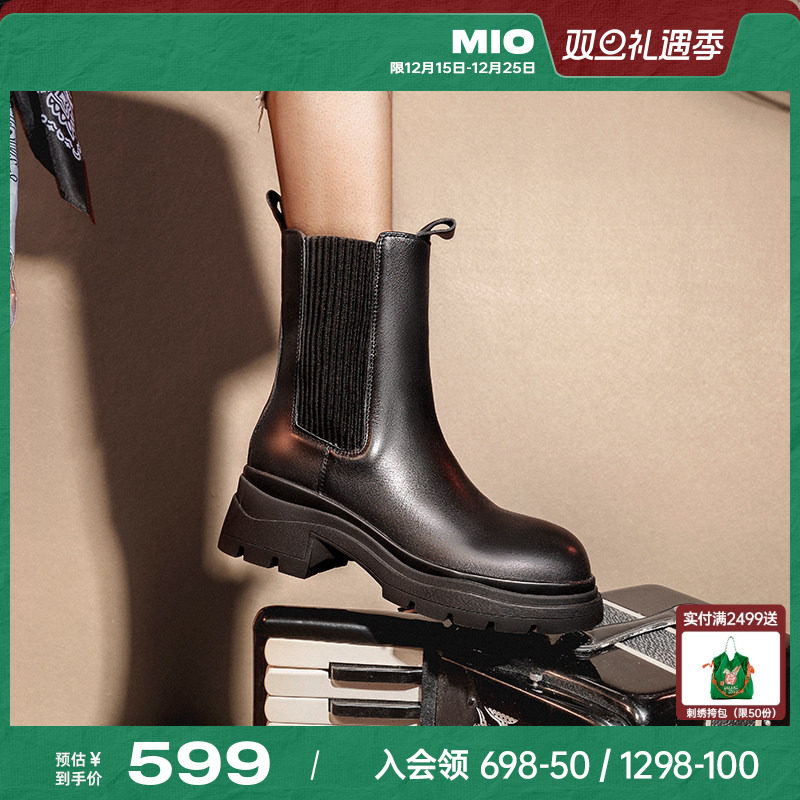 MIO米奥冬季靴子圆头中筒复古短靴厚底黑色切尔西靴潮流女靴