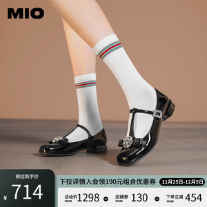 MIO米奥2023秋季新品丁字玛丽珍蝴蝶软底小皮鞋粗跟女圆头单鞋