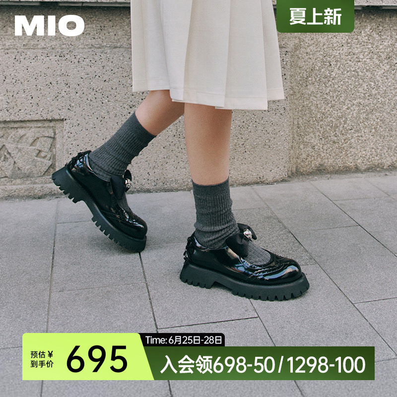 MIO米奥春季蝴蝶玛丽珍鞋圆头闪钻甜酷厚底气质黑色小皮鞋女鞋
