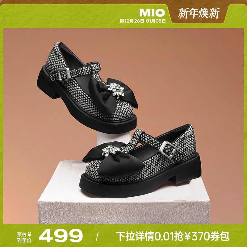 MIO米奥低帮鞋圆头中跟一字扣带花朵钻饰蝴蝶结玛丽珍单鞋女鞋