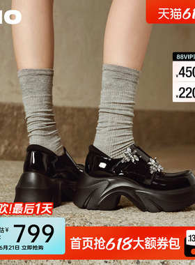 MIO米奥乐福鞋蝴蝶水钻2026秋季新款厚底增高7.5cm黑色皮鞋女单鞋