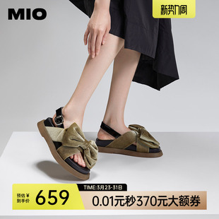 女露趾丝绒蝴蝶结搭扣休闲外穿凉拖鞋 吴谨言同款 MIO米奥厚底凉鞋