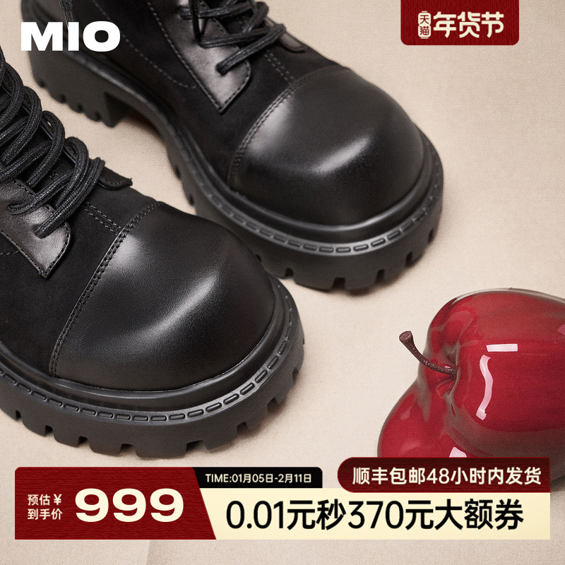 MIO米奥2025冬季新款圆头高跟短筒马丁靴复古扣带厚底增高女靴