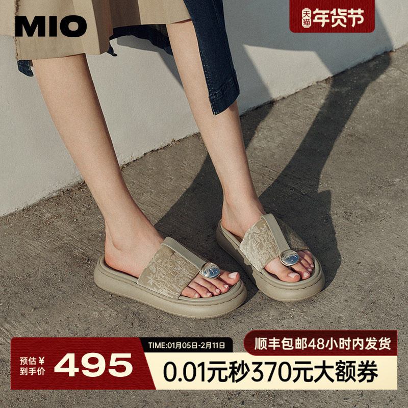 MIO米奥夏季中跟拖鞋潮流复古夹趾拖鞋国风绒感厚底人字拖