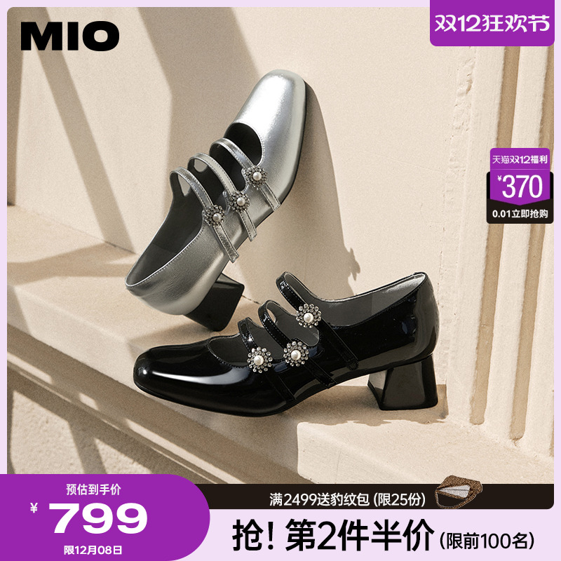 MIO米奥2025春季新款梦幻玛丽珍鞋珍珠装饰魔术贴甜美粗跟女鞋