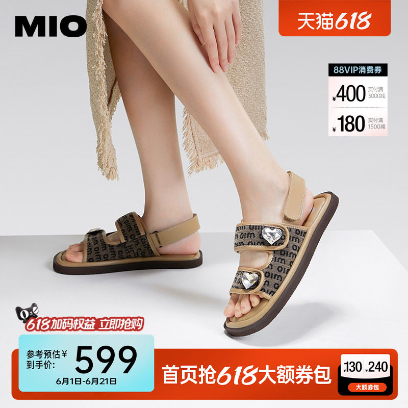 MIO米奥凉鞋女款夏季低跟爱心水钻厚底舒适露趾休闲魔术贴沙滩鞋