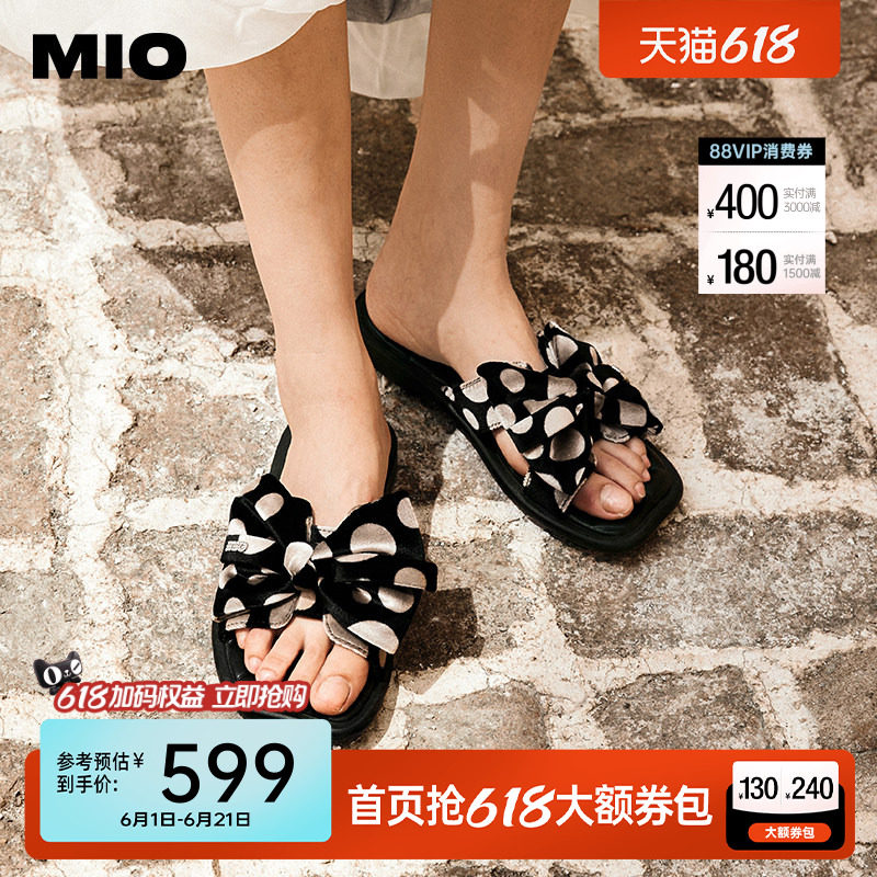 MIO米奥外穿凉拖鞋女夏款法式方头蝴蝶结波点平底一字拖户外拖
