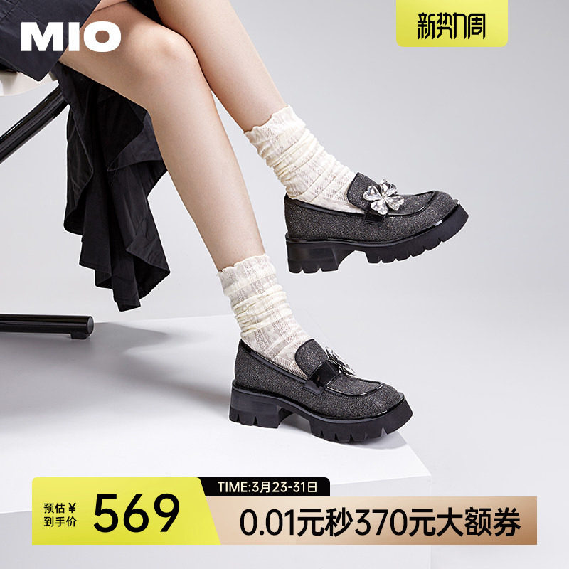 MIO米奥乐福鞋四叶草水钻饰甜酷女鞋圆头粗跟厚底学院风大头单鞋