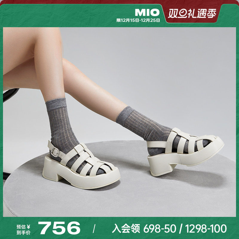 MIO米奥夏季沙滩鞋欧美风纯色高跟搭扣复古时髦通勤罗马凉鞋女鞋