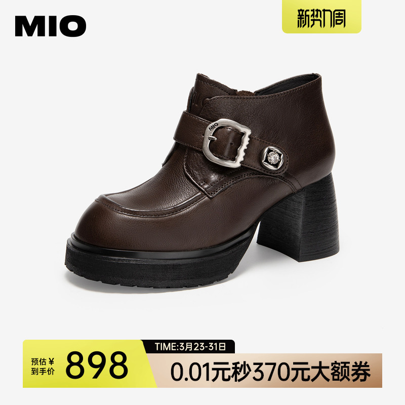 MIO米奥高跟时装靴2025冬季新款粗跟圆头马丁靴复古增高短筒靴