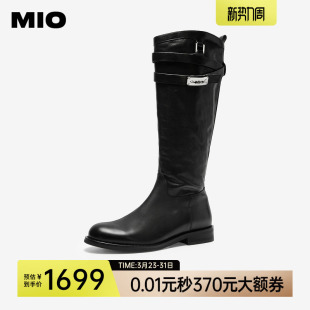 MIO米奥骑士靴2025冬季 圆头粗跟增高侧拉链英伦高筒中跟女靴 新款