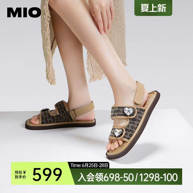 MIO米奥凉鞋女款夏季低跟爱心水钻厚底舒适露趾休闲魔术贴沙滩鞋