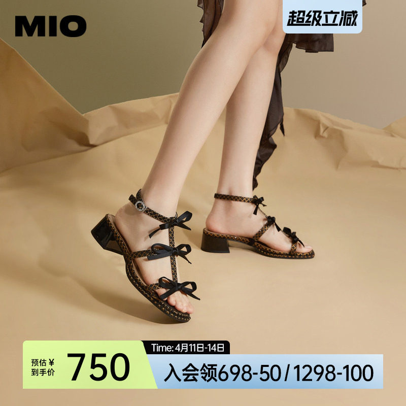 MIO米奥夏季拼色方头时装凉鞋蝴蝶结中跟时尚个性凉鞋女鞋