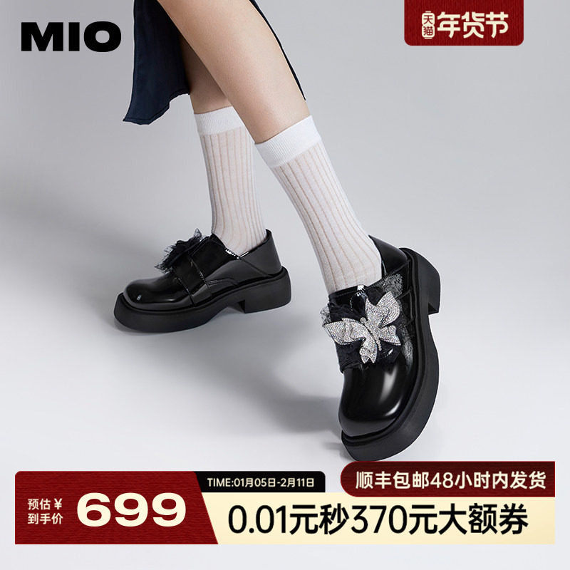 MIO米奥圆头豆豆鞋粗跟甜美风单鞋钻饰蝴蝶结一脚蹬乐福鞋女鞋