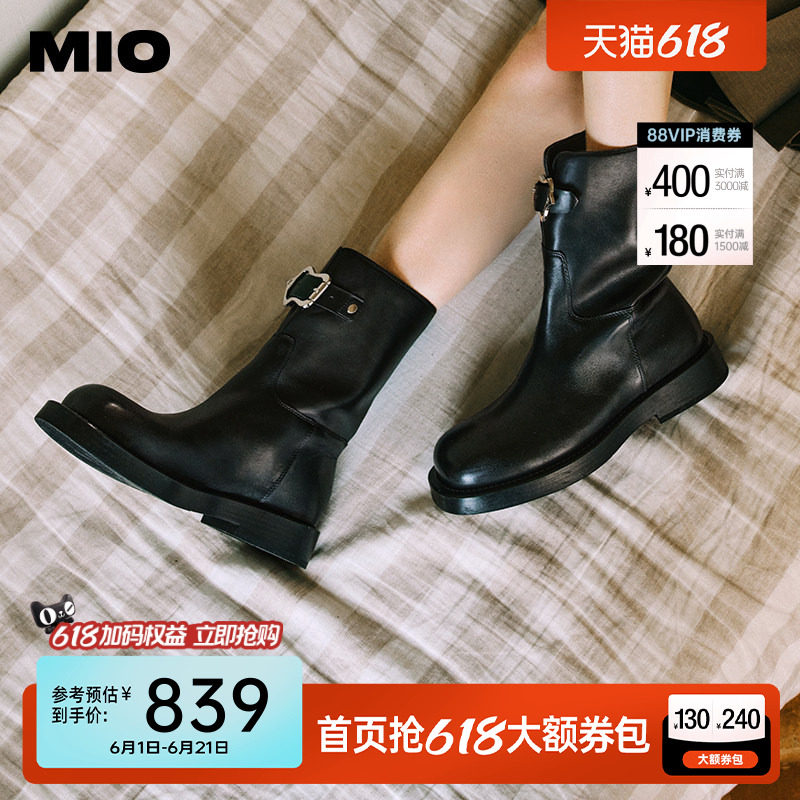MIO米奥女靴冬季中筒靴复古短靴切尔西靴时装靴皮带扣皮靴骑士靴