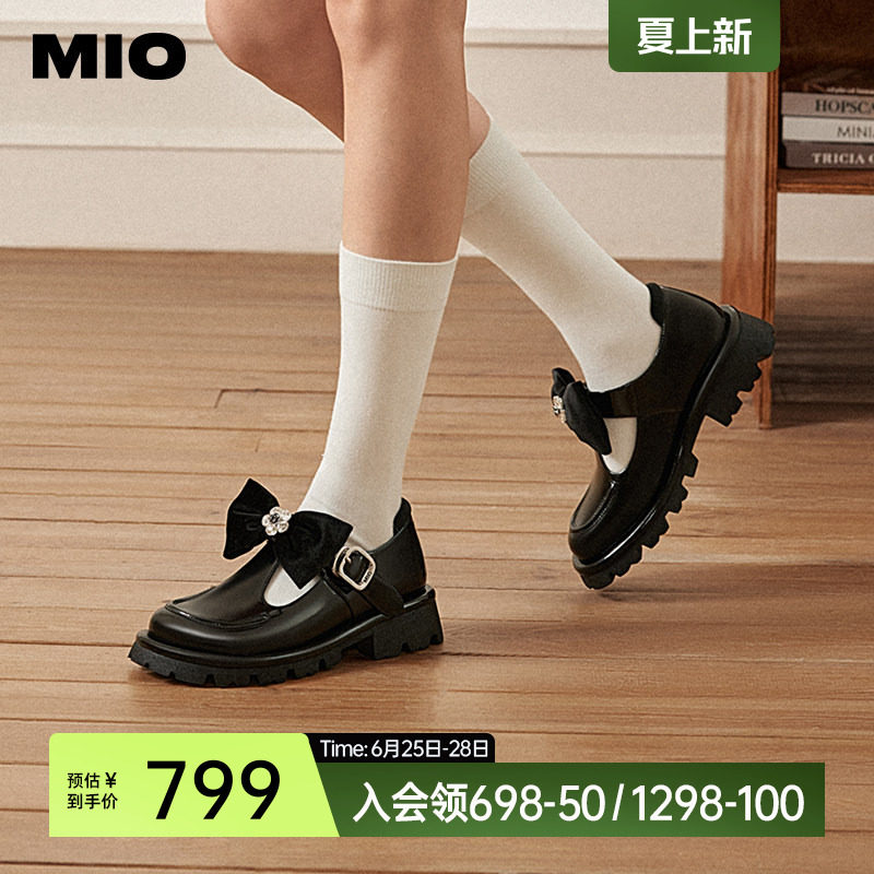 梁娇同款|MIO米奥蝴蝶T字玛丽珍鞋春季闪钻厚底粗跟黑色单鞋女