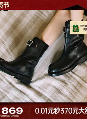 MIO米奥中筒靴冬美式复古棕色西部牛仔靴美拉德厚底骑士靴女