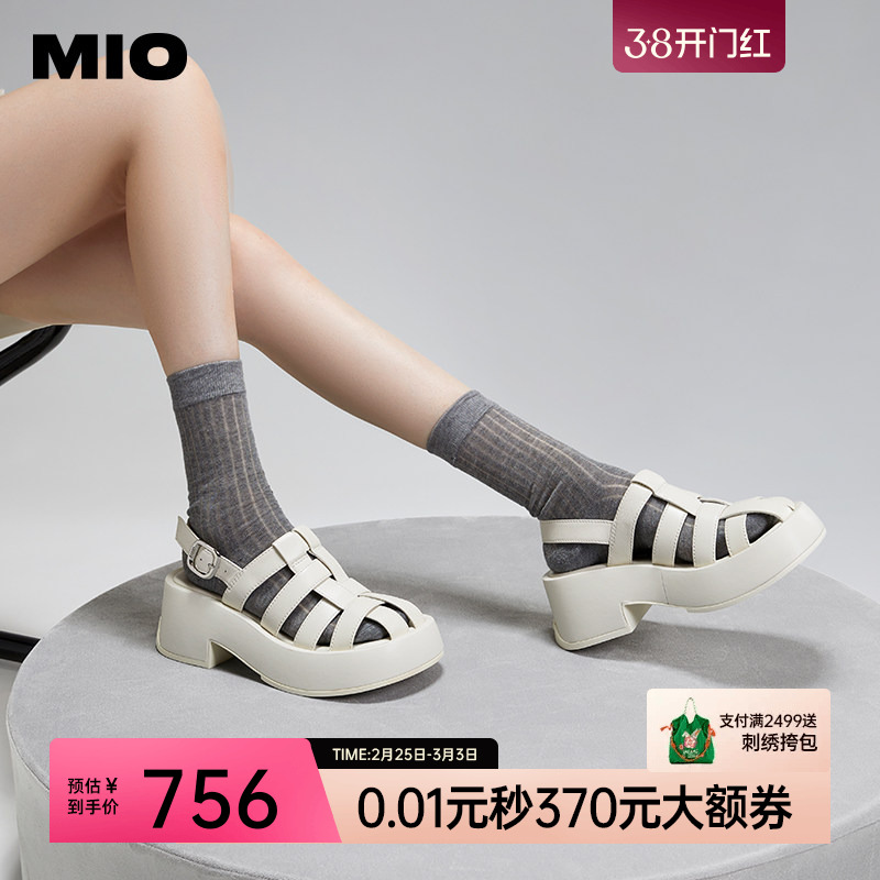 MIO米奥夏季沙滩鞋欧美风纯色高跟搭扣复古时髦通勤罗马凉鞋女鞋