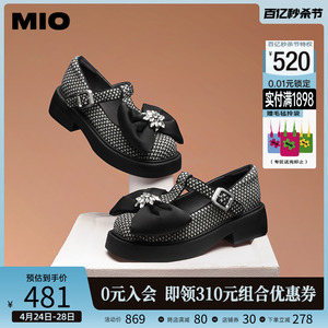 MIO米奥低帮鞋圆头中跟一字扣带花朵钻饰蝴蝶结玛丽珍单鞋女鞋