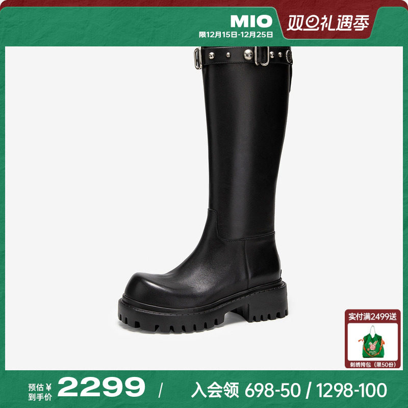 MIO米奥机车骑士靴厚底5cm女鞋冬季新款韩系铆钉黑色牛皮革长靴